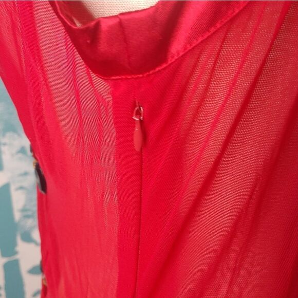 Vintage Red Nylon Dress with Black & Gold Gem Embellishments - Picture 8 of 9